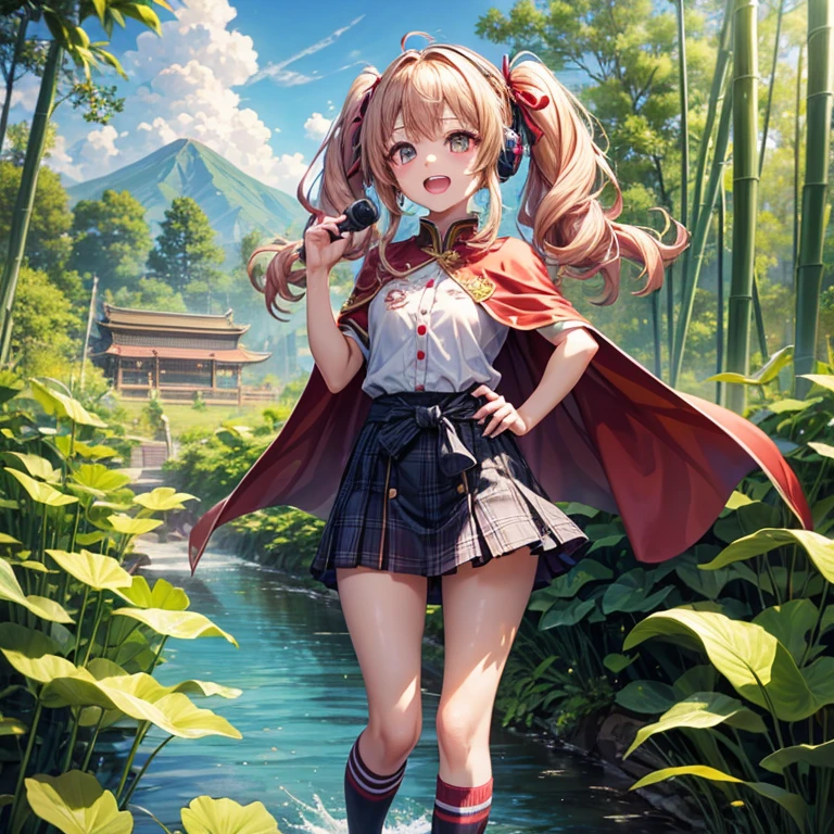Pink gold golden hair、Golden Eyes、One good looking girl、Twin tails、solo、anime、Checkered mini skirt、The skirt has buttons、Red T-shirt、China、Cape、Black knee-high socks、Wearing headphones、Wearing a ribbon、Ribbon on waist、Tilting face、Teeth are visible、Sunset sky、Water Mountain、Piercing the clouds、Contrail、lens、tree、Touching your face、lotus leaves、Cumulonimbus、bamboo forest