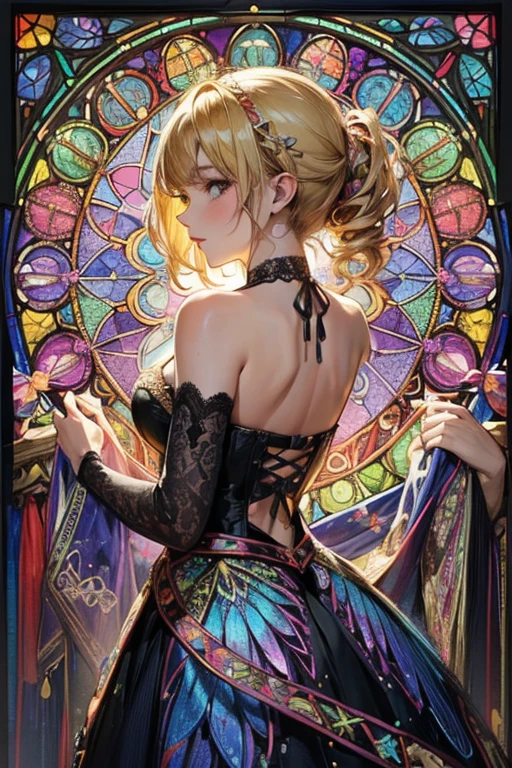 (Masterpiece, Best Quality), 8k,(((highly detailed))), lace:1.8,Super intricate lace pattern,colorful lace pattern,stained glass background, kaleidoscope,light-up,bustier, 1 woman,open back,posing,(blonde hair),
