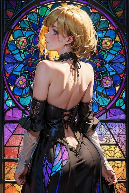 (Masterpiece, Best Quality), 8k,(((highly detailed))), lace:1.8,Super intricate lace pattern,colorful lace pattern,stained glass background, kaleidoscope,light-up,bustier, 1 woman,open back,posing,(blonde hair),