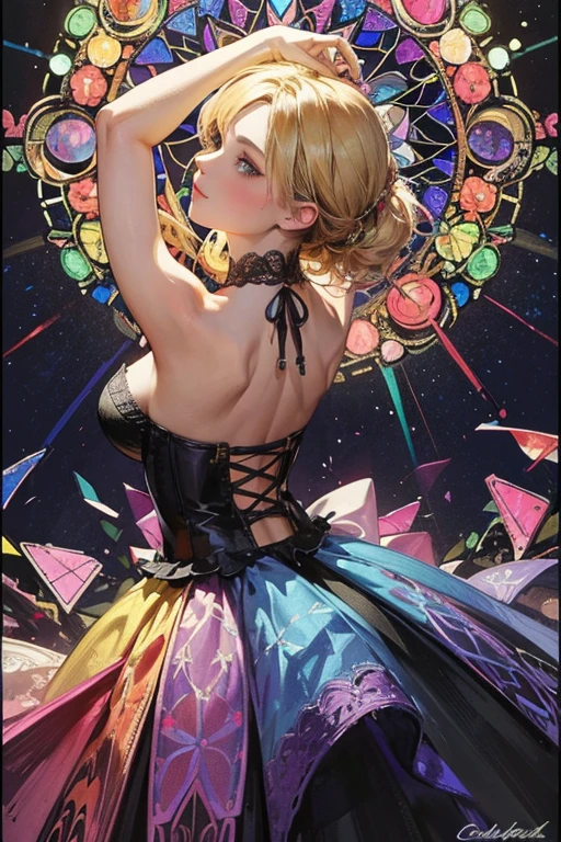 (Masterpiece, Best Quality), 8k,(((highly detailed))), lace:1.8,Super intricate lace pattern,colorful lace pattern,stained glass background, kaleidoscope,light-up,bustier, 1 woman,open back,posing,(blonde hair),