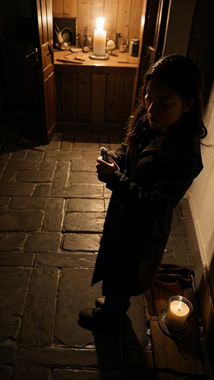 A sudden gust of wind extinguishes the candles, plunging the house into darkness. The traveler fumbles for a flashlight, heart pounding with fear.
