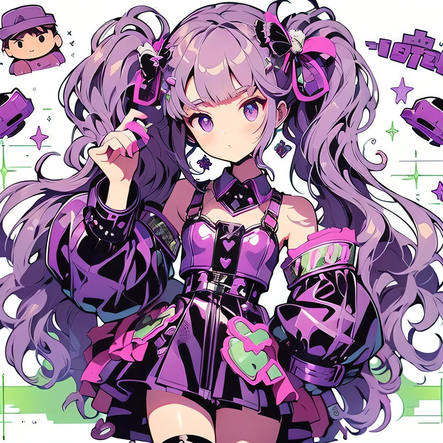 score_9、score_8_superior、score_7_superior、sauce_anime、Break 1 Girl、alone、dance、Quadristil、Cool breeze green leaves、eyebrow、hair ornaments、Long Hair、Purple eyes、Purple Hair、Twin tails、、Red latex catsuit、Purple patent rubber corset、Spaghetti Straps、Enamel shorts、Patent leather platform knee-high boots、An angle where you can see your toes from your face