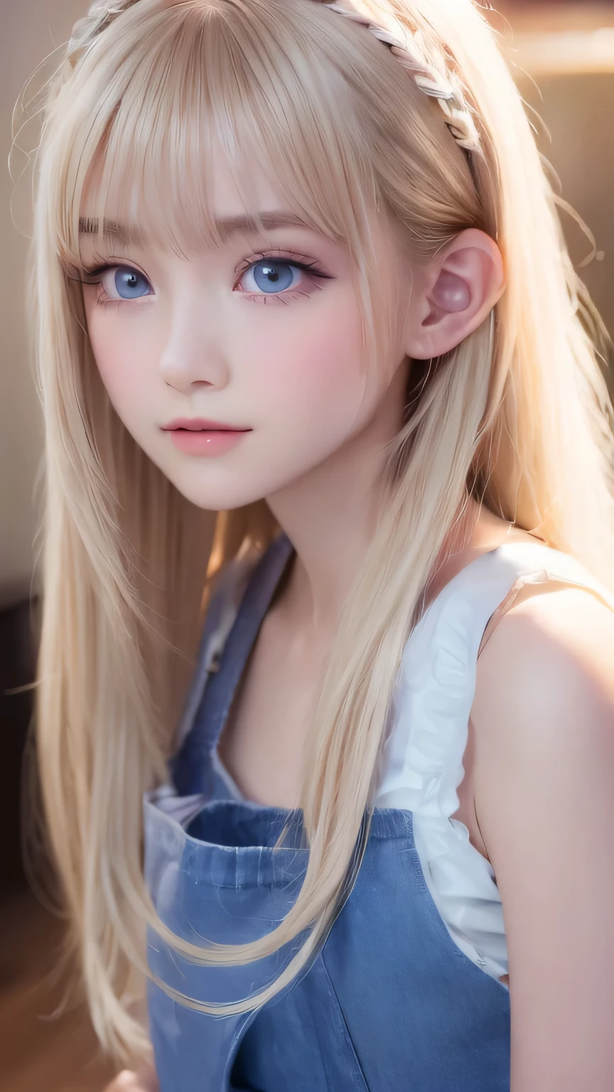 Photorealism、highest quality、超A high resolution、photograph、Photograph of a very beautiful girl from Scandinavia、Very beautiful girl、Cute and beautiful face details、(PurerosFace_v1:0.008)、Beautiful Bangs、Alice in Wonderland、16 years old、Shine, fair, Shine Skin、Facial hair、Bangs on the face、Bangs between the eyes、Super long super long hair、Attractive bright natural platinum blonde super long straight silky hair、Thin Hair、Very large, Beautifully Shine Bright Blue Eyes、white apron、Blue clothes、eyeliner、double eyelid、Ample Bust、white, Shiny skin、Small Face Beauty、Round face、