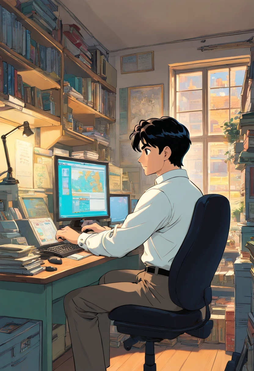 A tall and learn 50 years old man with very slick and short black hair , wearing long Sleeves white shirt and black trouser, working on computer at his office, Tintin, herge, european comics
