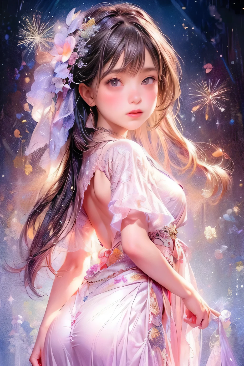 masterpiece:1.2, highest quality, 16k, perfect beauty, ultra-realistic, photorealistic:1.37, beautifuldetailed:1.2, (The light trail of large fireworks lights up the night sky), (beautiful Translucent girl looking up at the sky), standing, beautiful delicate(hair, face, long eyelash, eyes, pupils, lips), sparkling eyes, shining rosy lips, blushed cheek, lake:1.2, dynamic angle, back view