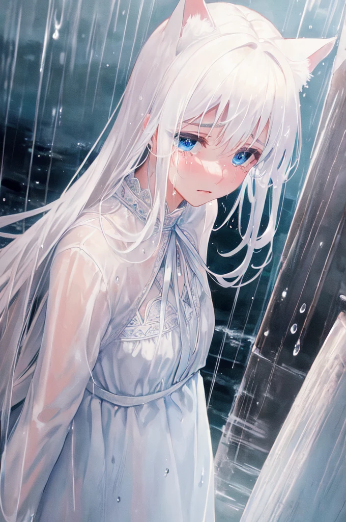 crying,aesthetic,extremely detailed,teary eyes,beautiful and delicate blue eyes,rosy cheeks,soaked lashes,emotional expression,intense sadness,dripping tears, a beautiful girl,alone,white cat ears,white hair, long hair, messy hair,wearing white dress,wet clothes,true-to-life textures,highly refined details,dramatic lighting,seamless blending of colors,vibrant hues,artistic composition,breathtaking realism,masterful craftsmanship,haunting beauty,highly emotional scene,silent sorrow,rainy day,realistic water droplets,city lights reflected in rain, moisture in the air, stark contrast,moody ambiance,endless depth,luminous glow,shimmering highlights,subtle shadows,intimate close-up,precise contours,striking emotion,fluid brush movements,touching portrayal,painstaking attention to detail,aesthetically pleasing,heart-wrenching,deeply moving artistry