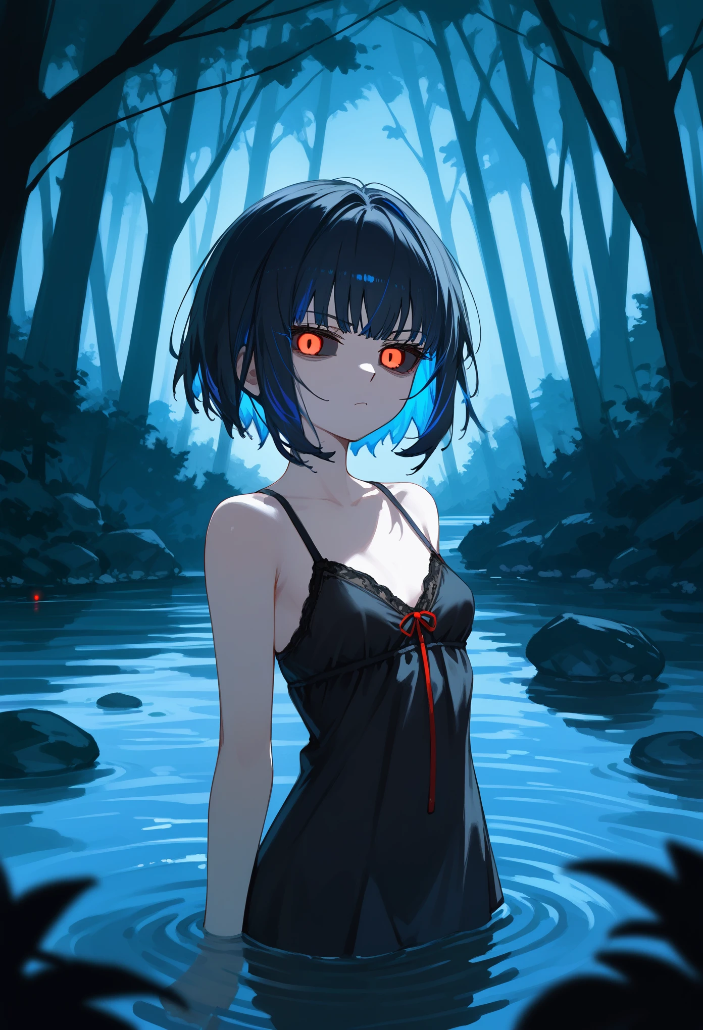 1girl, solo, red eyes, black sclera, short hair, black hair, colored inner hair, blue hair, sidelocks, black chemise dress, bare shoulders, arms on sides, upper body, looking at viewer, narrowed eyes, serious, shaded face, glowing eyes, small breasts, river, partially submerged, forest, night, terror scenery, facing to the right, masterpiece, score_9, score_8_up, score_7_up