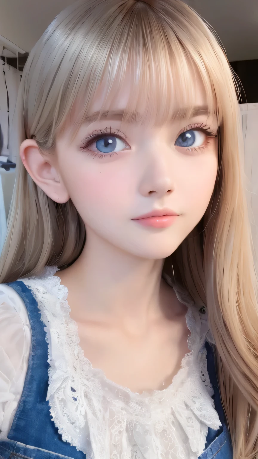 Photorealism、highest quality、超A high resolution、photograph、Photograph of a very beautiful girl from Scandinavia、Very beautiful girl、Cute and beautiful face details、(PurerosFace_v1:0.008)、Beautiful Bangs、Alice in Wonderland、16 years old、Shine, fair, Shine Skin、Facial hair、Bangs on the face、Bangs between the eyes、Super long super long hair、Attractive bright natural platinum blonde super long straight silky hair、Thin Hair、Very large, Beautifully Shine Bright Blue Eyes、white apron、Blue clothes、eyeliner、double eyelid、Ample Bust、white, Shiny skin、Small Face Beauty、Round face、