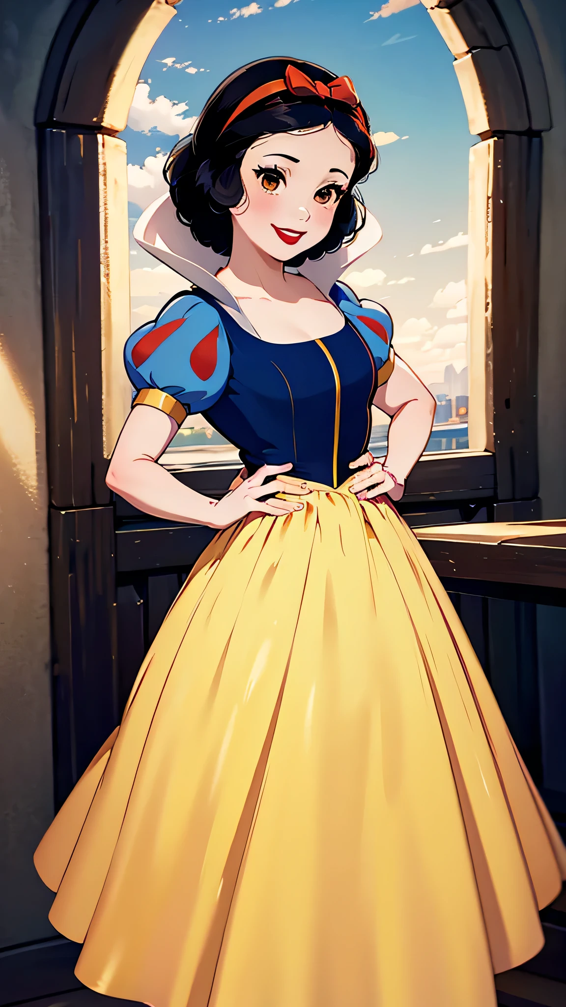 1girl, solo, SnowWhite, short hair, black hair, smooth hair, bow, brown eyes, lipstick, red lipstick, pale skin, yellow dress skirt, long skirt, blue bodice, short sleeves, hair bow, hairband, puffy sleeves, puffy short sleeves, smile, looking at the viewer, restaurant, orange sky, windows, anatomically correct, digital art