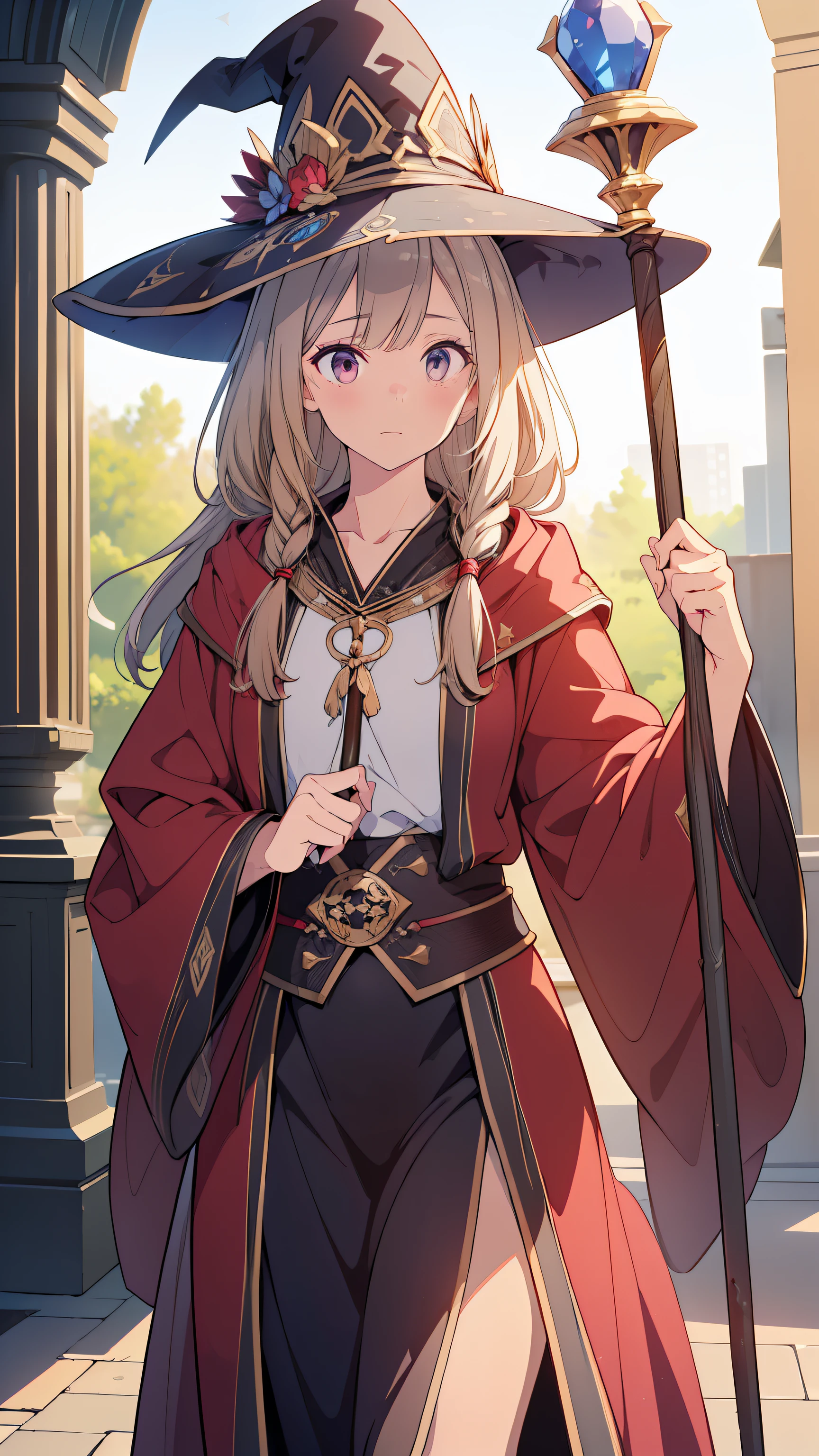 ((Top quality, 4k, 8k, high resolution, masterpiece: 1.2))), (super detailed), (realistic), (photorealistic), (photorealistic: 1.37), (HDR, UHD), (studio (lighting), ultra-fine drawing, sharp focus, physically based rendering, highly detailed, professional, vibrant colors, wizard, wizard hat, With a look of exasperation, dressed in robes and holding a staff, magic robe, walking,