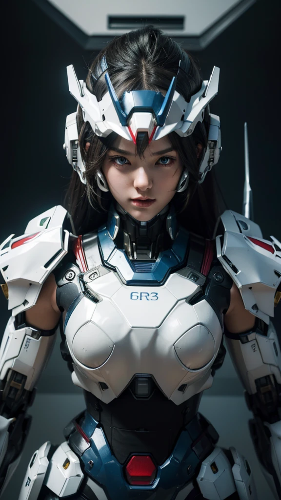 Textured skin, Super Detail, high details, High quality, Best Quality, hight resolution, 1080p, hard disk, Beautiful,(Gundam),beautiful cyborg woman,Mecha Cyborg Girl,Battle Mode,Girl with a Mecha Body,She wears a futuristic Gundam mecha,Fulll body Shot
