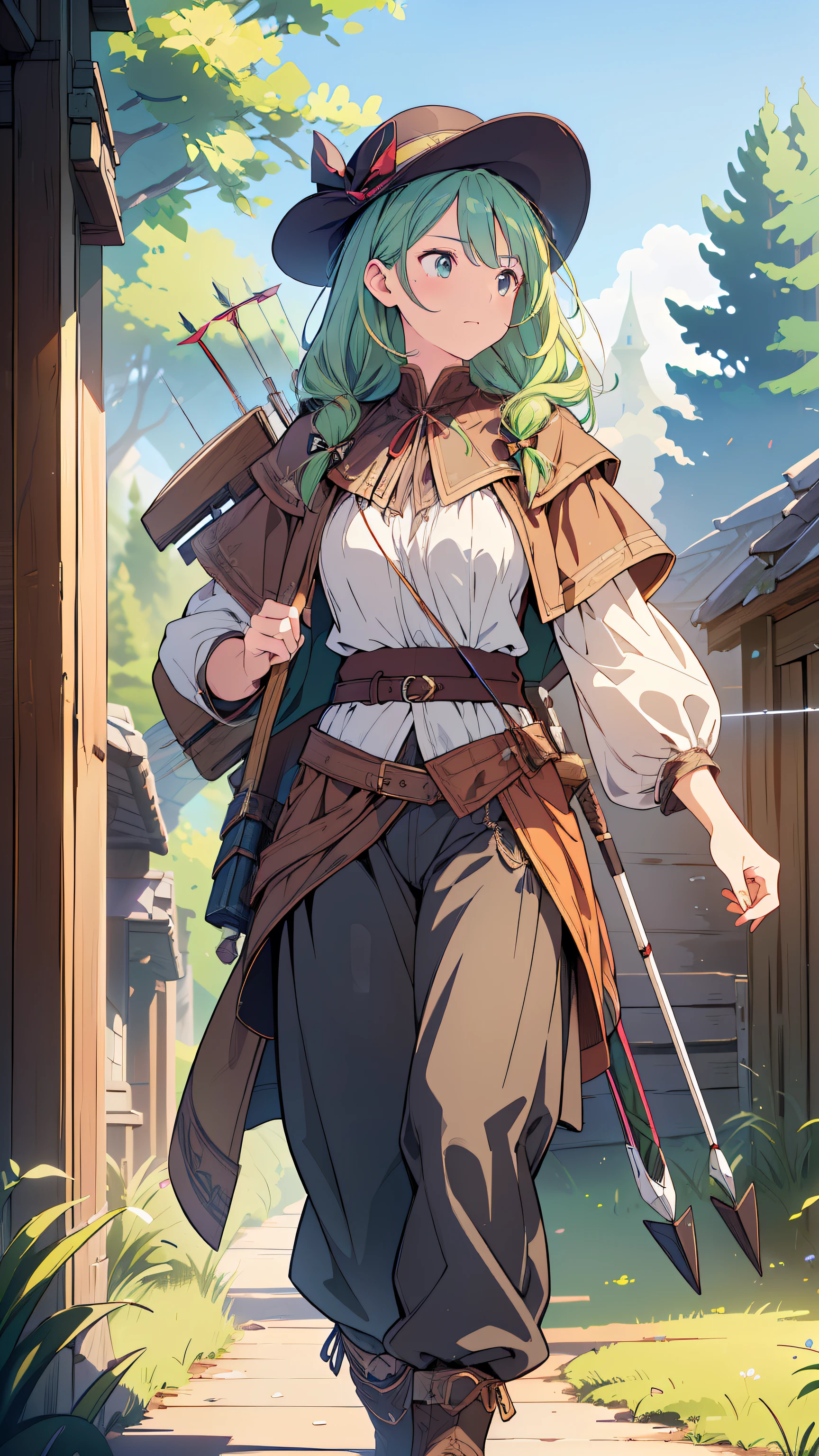 ((Top quality, 4k, 8k, high resolution, masterpiece: 1.2))), (super detailed), (realistic), (photorealistic), (photorealistic: 1.37), (HDR, UHD), (studio (lighting), ultra-fine drawing, sharp focus, physically based rendering, highly detailed, professional, vibrant colors, fantasy, medieval europe, hunter, Archer, hunter's hat, whole body, feet, green hair, middle hair, With an indifferent expression, dressed lightly and carrying a bow and quiver of arrows on her back, pantaloons, walking, looking to the side,