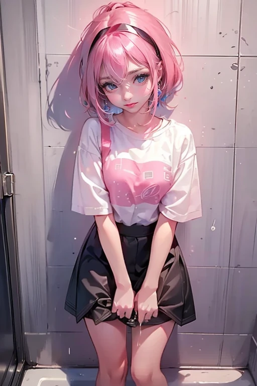 A sexy girl with red pink hair, wearing wet white clothes which can be see through it, red short pants, white shoes, clothes see through (3:3), wet (2:2), anime --auto --s2