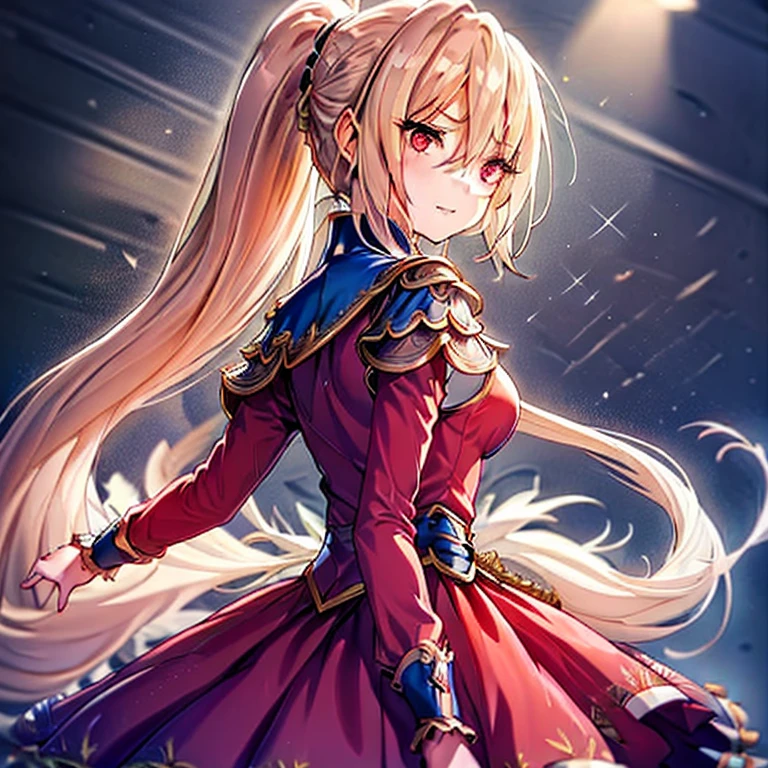 (Tabletop, highest quality:1.2), Very detailed, Fine hair, Soft Skin,

One Girl, alone, Are standing, Upper Body, From behind,

Blonde Hair, Long Hair, High Ponytail, Long ponytail,

Red eyes, Long eyelashes, Thick eyelashes, View Viewer,

Red dress, backless dress, Glamorous Dress, Puffy skirt, Long skirt, Puffy sleeves, Juliet Sleeve, Long sleeve,

,

Black background,