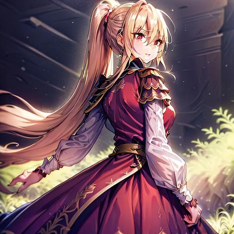 (Tabletop, highest quality:1.2), Very detailed, Fine hair, Soft Skin,

One Girl, alone, Are standing, Upper Body, From behind,

Blonde Hair, Long Hair, High Ponytail, Long ponytail,

Red eyes, Long eyelashes, Thick eyelashes, View Viewer,

Red dress, backless dress, Glamorous Dress, Puffy skirt, Long skirt, Puffy sleeves, Juliet Sleeve, Long sleeve,

,

Black background,