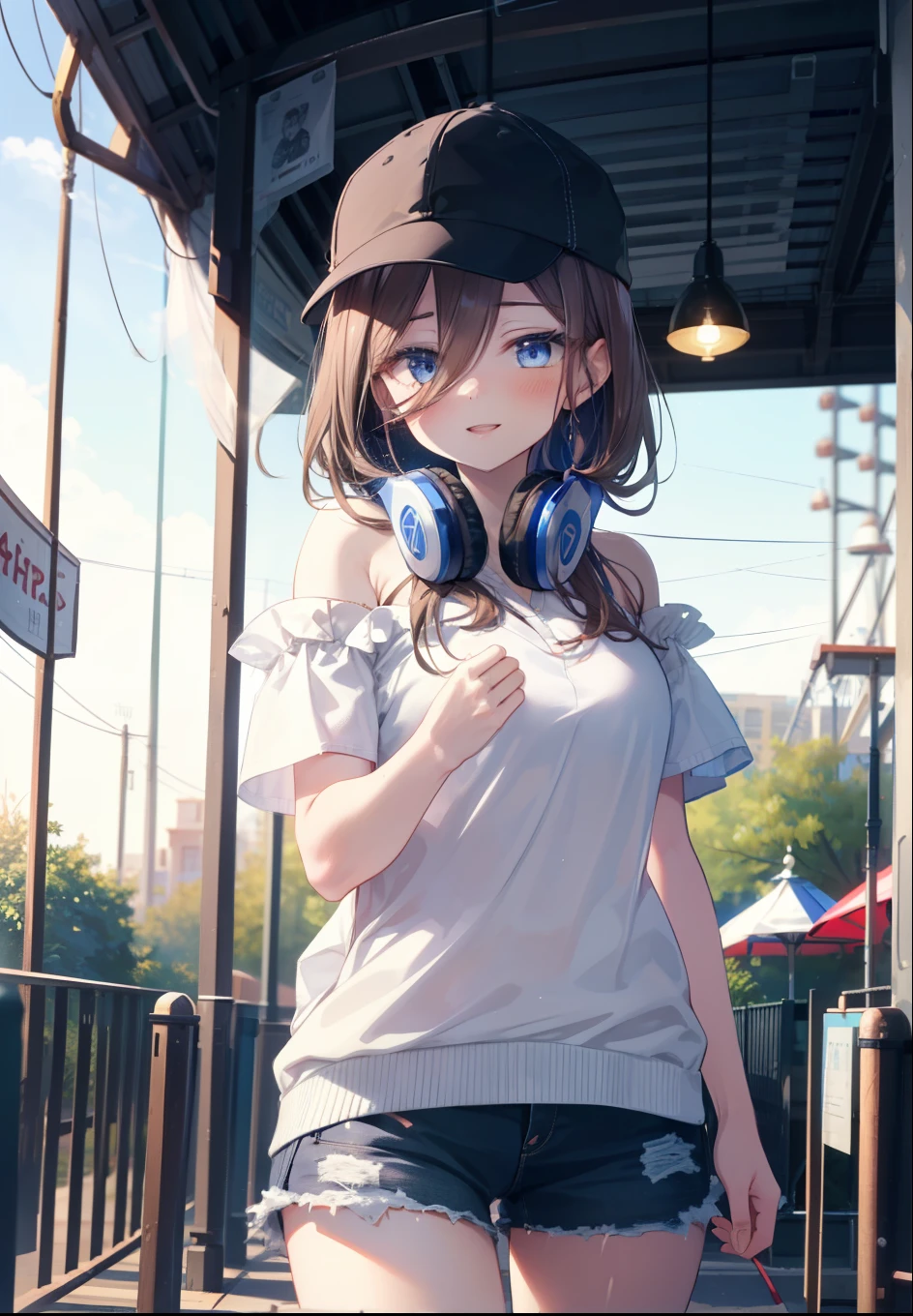 Mikunakano, Miku Nakano, Long Hair, bangs, blue eyes, Brown Hair, shirt, Hair between the eyes, cardigan, Headphones around neck,happy smile, smile, Open your mouth,Cold shoulder tops,Short sleeve,Shorts,High-top sneakers,Hunting Cap,Walking,whole bodyがイラストに入るように,Ferris wheel, roller coaster, carousel, balloon, playground, Seaside, green, amusement park
break indoors, amusement park,
break looking at viewer, whole body,(Cowboy Shot:1. 5)
break (masterpiece:1.2), highest quality, High resolution, unity 8k wallpaper, (figure:0.8), (Beautiful fine details:1.6), Highly detailed face, Perfect lighting, Highly detailed CG, (Perfect hands, Perfect Anatomy),