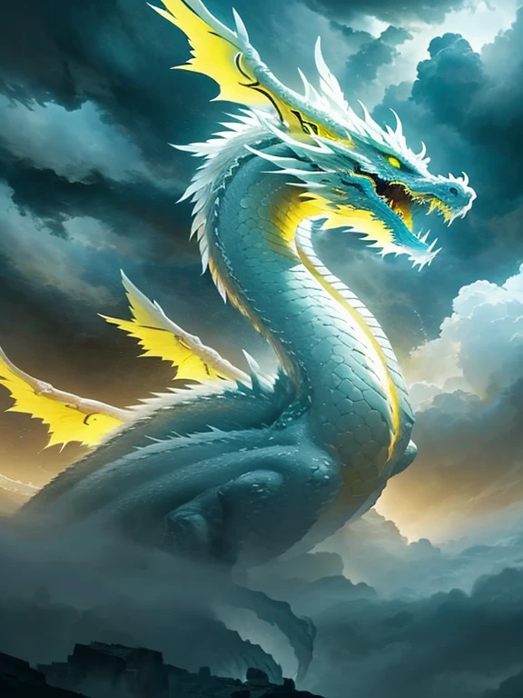 A glowing yellow eyes massive divine white dragon, yellow energy veins between the scales, multiple wings, stormy cloudy sky background, dramatic lighting, epic fantasy, dramatic colors, dramatic composition, dramatic atmosphere, fantasy art