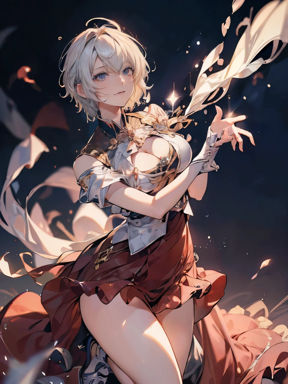 (( (masterpiece),(Very detailedな CG Unity 8k 壁紙),(Bust Shot:1.5), highest quality,Cinema Lighting,Photorealistic, Detailed Background,Beautiful and beautiful eyes,Bright Eyes,(Very elegant and beautiful),(Beautifully detailed eye depiction),Very detailed,masterpiece,High resolution)), Richly decorated armor, Beautiful Female Warrior, short hair, Platinum Blonde Hair, Cleavage、Various actions、Various clothes、Red costume、Various poses、Colorful costumes、whole body、Beautiful feet