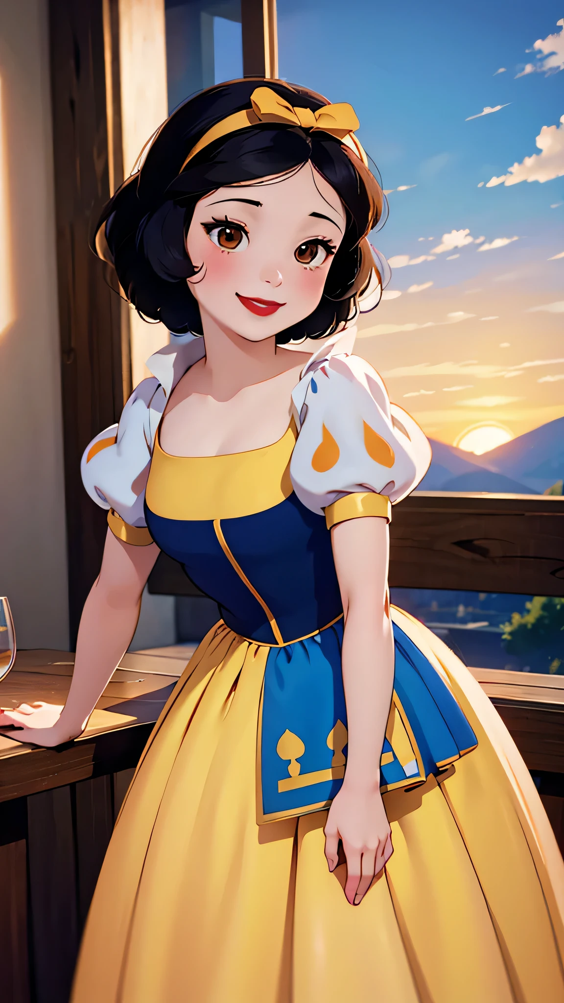 1girl, solo, SnowWhite, short hair, black hair, smooth hair, bow, brown eyes, lipstick, red lipstick, pale skin, yellow dress skirt, long skirt, blue bodice, short sleeves, hair bow, hairband, puffy sleeves, puffy short sleeves, smile, looking at the viewer, restaurant, orange sky, windows, anatomically correct, digital art