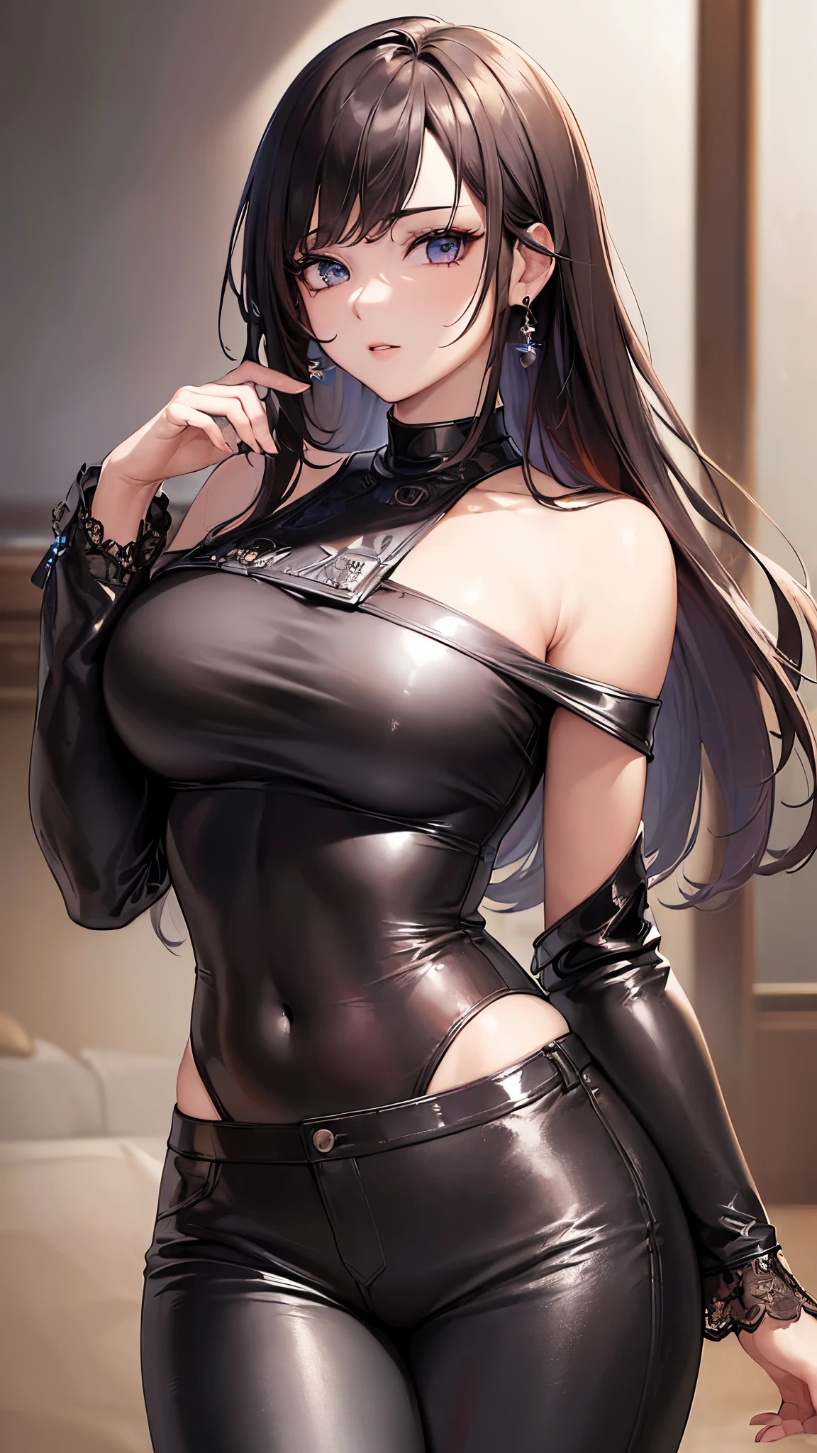 (((masterpiece))), (((High resolution))), (((8K quality))), (((perfect face))), (((Korean idol))), (((off shoulder tops))), ((leather pants)), (((high resolution face))), (((top quality eyes))), (((detailed face))), (((detailed texture))), look at the camera, big tits