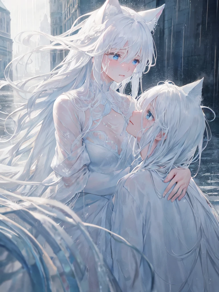 crying,aesthetic,extremely detailed,teary eyes,beautiful and delicate blue eyes,rosy cheeks,soaked lashes,emotional expression,intense sadness,dripping tears, a beautiful girl,alone,white cat ears,white hair, long hair, messy hair,wearing white dress,wet clothes,true-to-life textures,highly refined details,dramatic lighting,seamless blending of colors,vibrant hues,artistic composition,breathtaking realism,masterful craftsmanship,haunting beauty,highly emotional scene,silent sorrow,rainy day,realistic water droplets,city lights reflected in rain, moisture in the air, stark contrast,moody ambiance,endless depth,luminous glow,shimmering highlights,subtle shadows,intimate close-up,precise contours,striking emotion,fluid brush movements,touching portrayal,painstaking attention to detail,aesthetically pleasing,heart-wrenching,deeply moving artistry