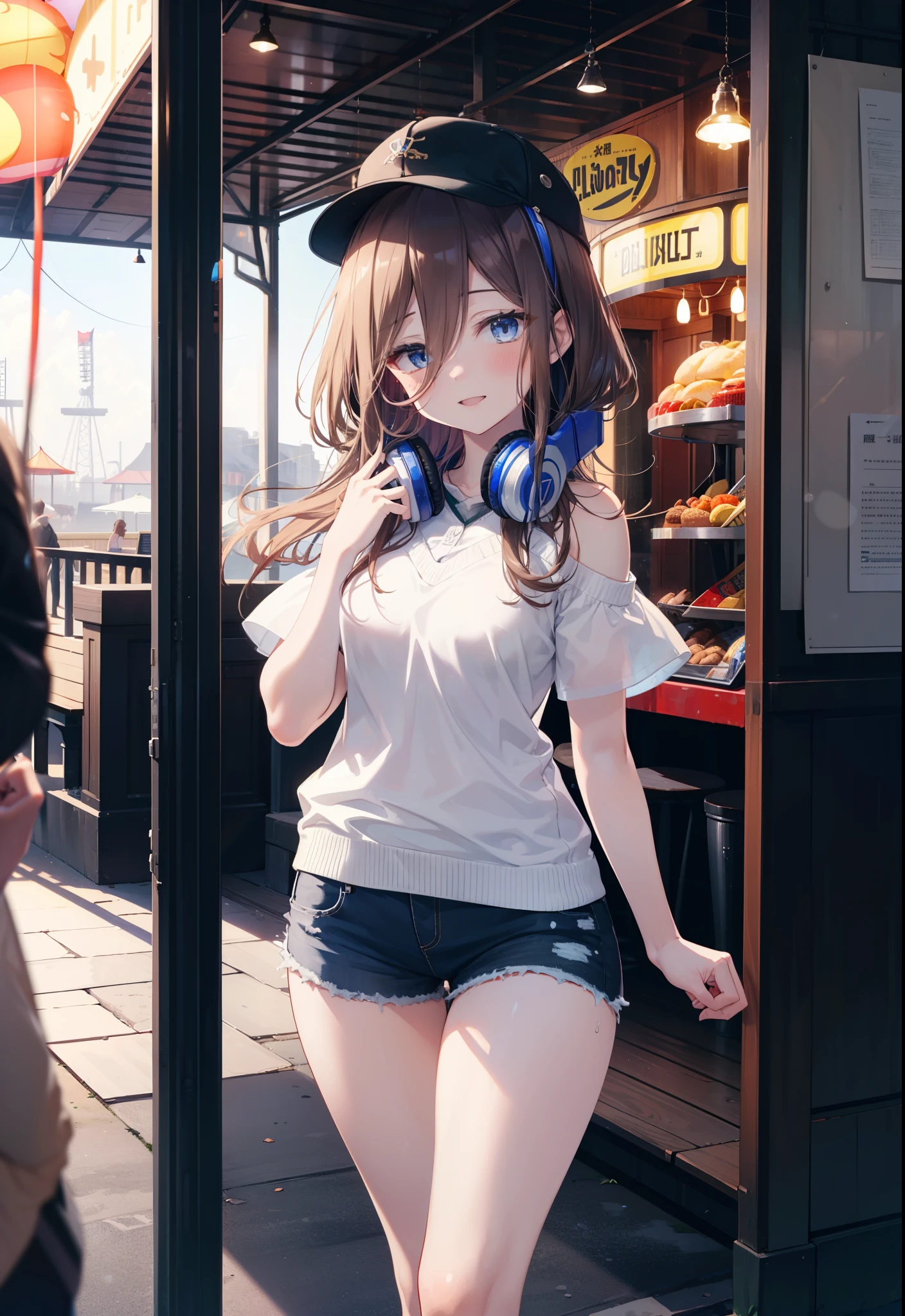 Mikunakano, Miku Nakano, Long Hair, bangs, blue eyes, Brown Hair, shirt, Hair between the eyes, cardigan, Headphones around neck,happy smile, smile, Open your mouth,Cold shoulder tops,Short sleeve,Shorts,High-top sneakers,Hunting Cap,Walking,whole bodyがイラストに入るように,Ferris wheel, roller coaster, carousel, balloon, playground, Seaside, green, amusement park
break indoors, amusement park,
break looking at viewer, whole body,(Cowboy Shot:1. 5)
break (masterpiece:1.2), highest quality, High resolution, unity 8k wallpaper, (figure:0.8), (Beautiful fine details:1.6), Highly detailed face, Perfect lighting, Highly detailed CG, (Perfect hands, Perfect Anatomy),