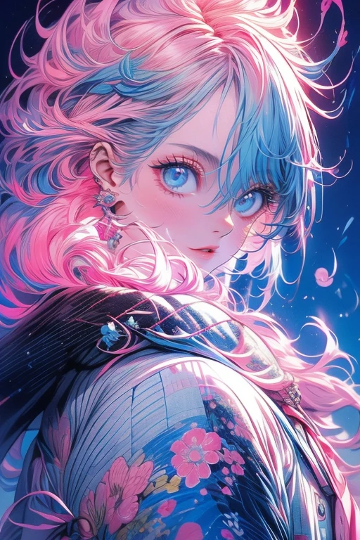 1lady,solo,cool,blue eye and pink eye,blue hair and pink hair,upper body,stare intently,from the front,colorful lady,vivid,colorful,brilliant,glorious