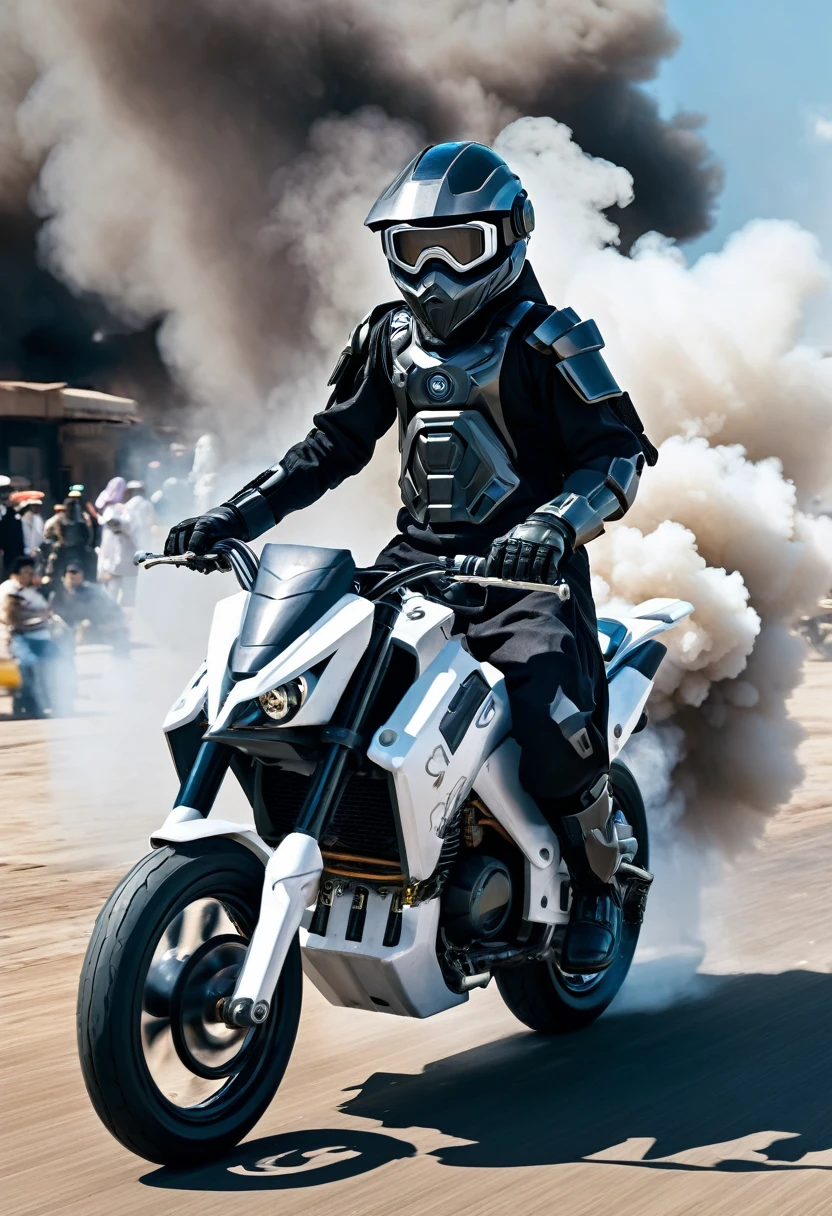 futuristic cyber kid riding motorcycle, futuristic war motorcycle, futuristic helmet, sci-fi, upper torso, body armor, long robes, mecha suit, augmented gloves, transparent google glasses, full body, motion blur, warzone background, massive debris, massive smoke, black smoke, white smoke