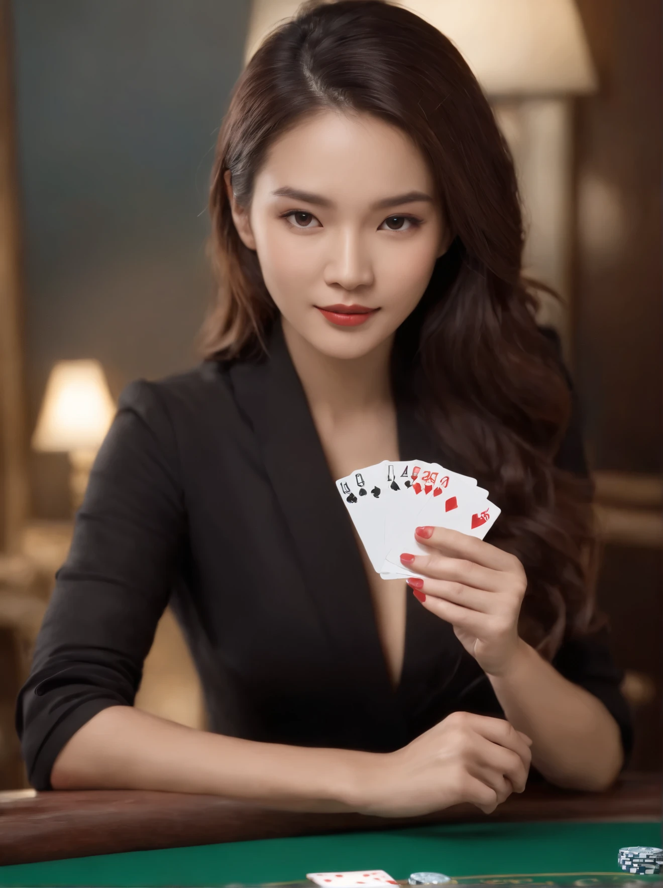 Asian woman holding cards and playing cards with dice and cards, - watch. 8 5 0 - S 6 0 0, Advertising picture, digital art h 9 6 0, poker, gambling, Casino, online Casino logo, art cover, ¤5.6, H 576, Hyper-realistic-h 960, -n 6, - Number 6, banner