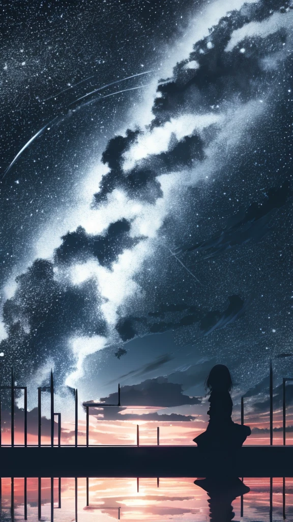 anime,silhouette,1girl, star (sky), cloud, cityscape, building, city, outdoors, skyscraper, city lights, night, night sky, sunset, skyline