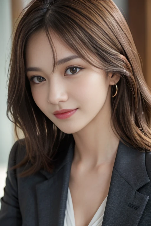 On the table, best quality, Practical, Super detailed, Finely, high resolution, 8k wallpaper, 1 Beautiful woman,, Light brown messy hair, Wearing a suit, Clear focus, Perfect dynamic composition, Beautiful and delicate eyes, Thinning hair, Detailed Practical skin texture, Smile, Close-up portrait, Model figure