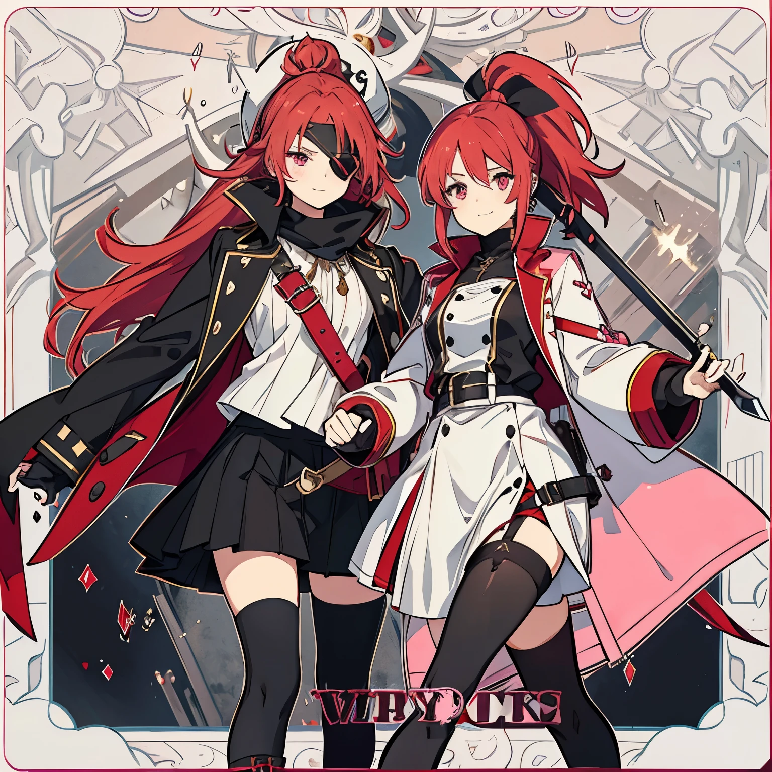 a girl pirate with long flowing red hair and one ponytail on the right, wearing a pirate eye patch, pink eyes, smiling slyly while pointing a sword at someone, and is stepping on that person, wearing long-sleeved white clothes, and a short black skirt, wearing stockings, and black shoes, wearing black gloves