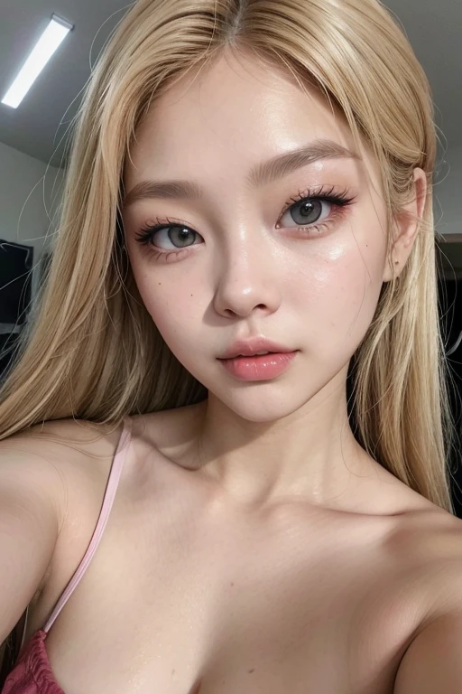 jennie with blonde hair, brown eyes, eyelashes beauty, selfie