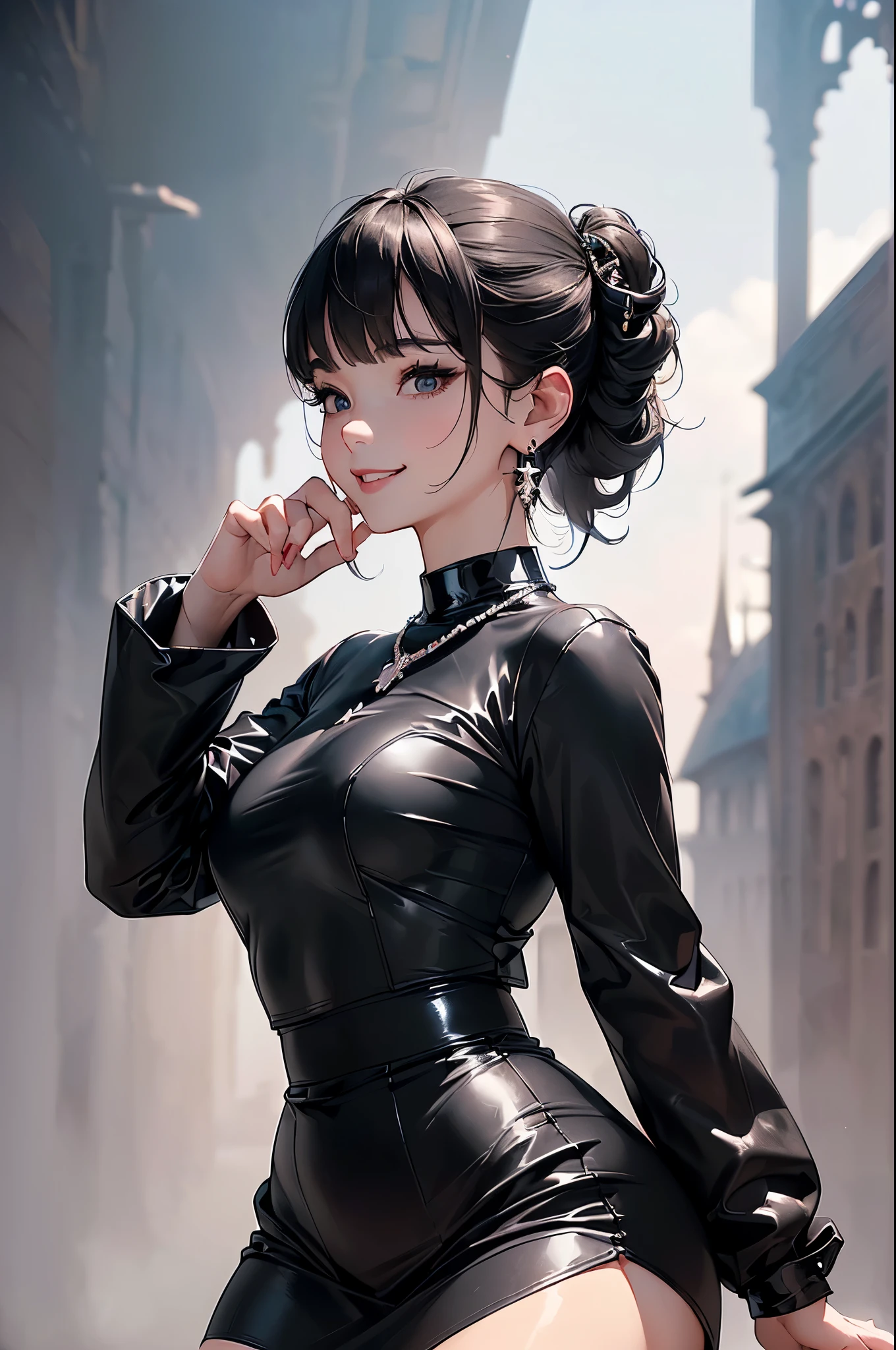 ((Biologically correct limb count))、((Full Body Shot, Full-body photo including face、Head to toe photos))、4K、masterpiece、((Focus on the face))、((Symmetrical facial features))、Eyes of meticulous depiction、Beautiful woman、Excellent style、Beautiful feet、(Black Stockings、High heels with anklets)、Detailed depiction of the face、Small earrings、necklace、((Close-up photo of the upper body))、(black latex shirt、Latex skirt、Nurse uniform)、Scenery of the old castle、(Low - Angle)、(smile)、((Thick morning fog all around)、I can't see anything around me)、