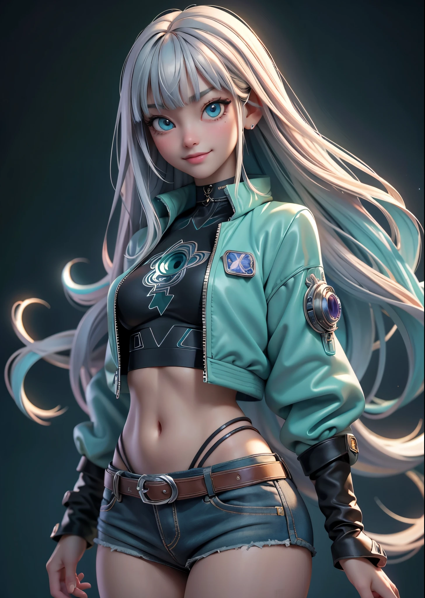 (masterpiece, highest quality, highest quality, Official Art, beautifully、aesthetic:1.2),Cowboy Shot、 (Cyberpunk fashion girl 1)、Smiling Girl、Big light blue eyes、Beautiful belly、（Long silver hair with bangs）、Green neon color、Very detailed,(Fractal Art:1.3)、A background of many sparkling stars、Perfect lighting、Sharp focus、High resolution、High resolution、High color rendering、High resolution、Super realistic、