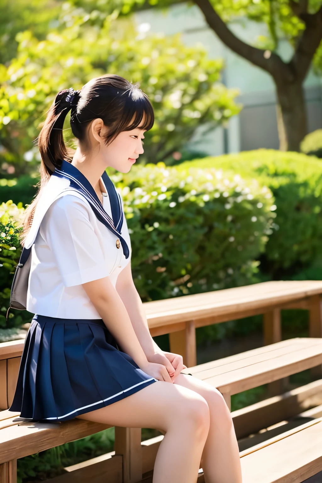 Japanese、、beautiful girl、Short ponytail、Sailor suit、Surprise、garden、Sit on a bench、From the side