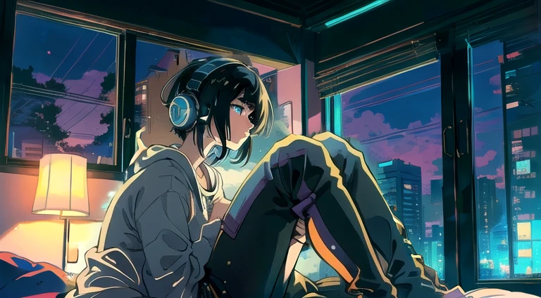 anime girl sitting on bed With headphones on and looking out window, Nightcore, Anime atmosphere, Lofi Artstyle, Anime Style 4k, listening to music at 2 am, With headphones, I like anime, LOFI Girl, high quality Anime art style, Anime Aesthetics, Lofi Art, Anime Images, Anime art style, Anime Aesthetics, No window bars needed