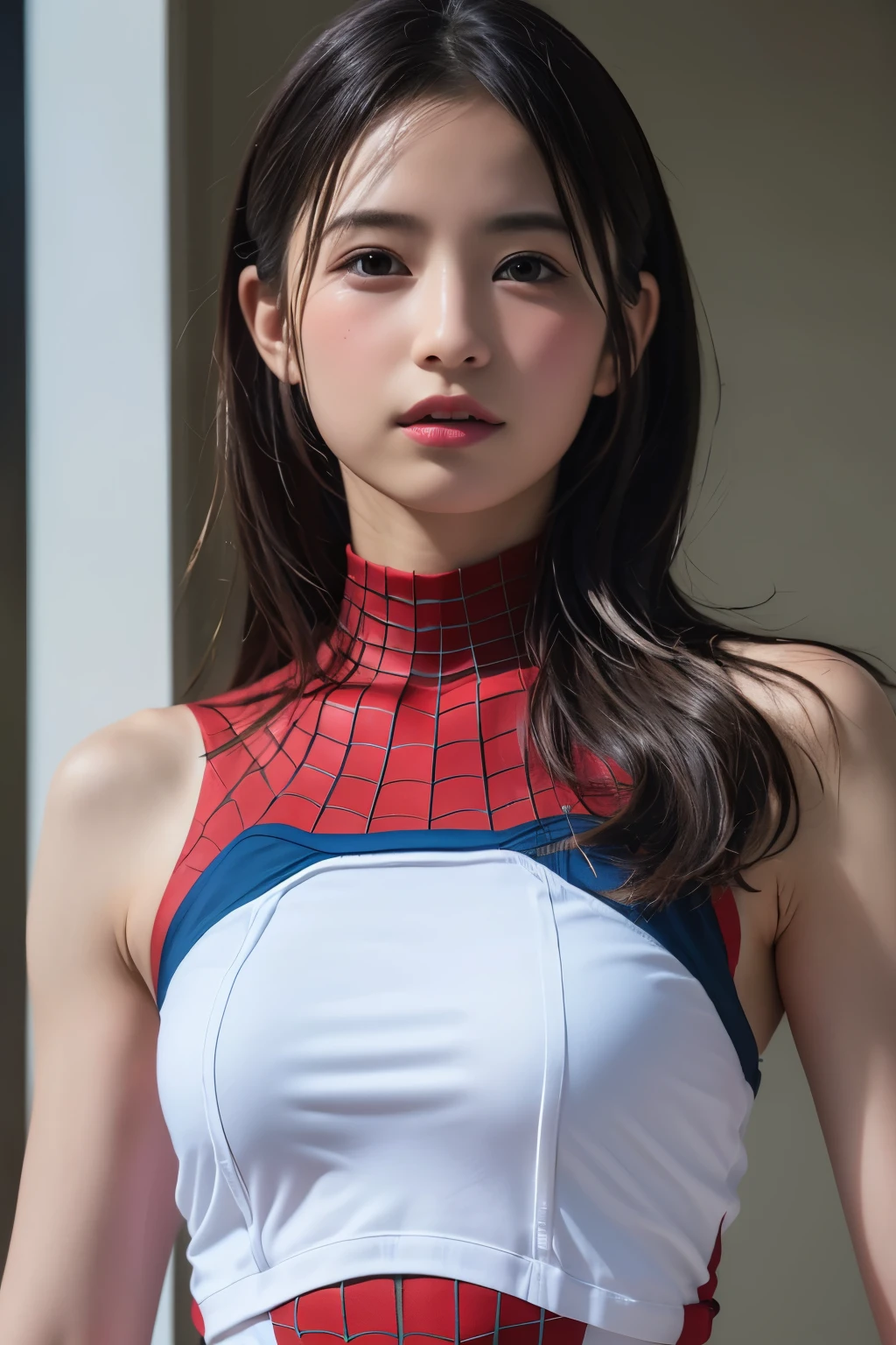 (8k, RAW Photos,highest quality, High resolution:1.1), (Super realistic:1.4),(Realistic, Realistic:1.3), Spiderman、Rhythmic Gymnastics Club、Rhythmic Gymnastics Uniform、((Upper Body:1.3))