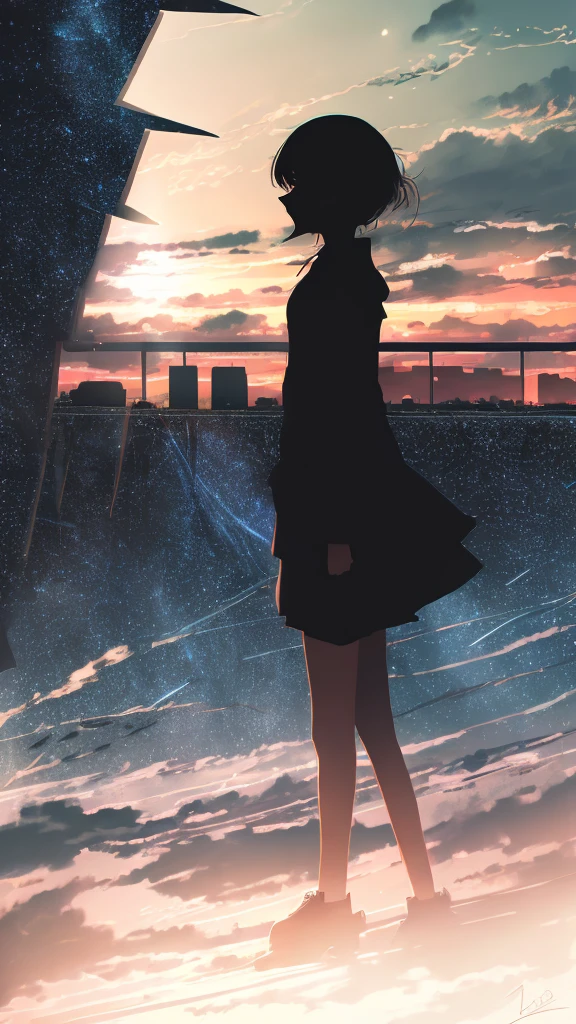 anime,silhouette,1girl, star (sky), cloud, cityscape, building, city, outdoors, skyscraper, city lights, night, night sky, sunset, skyline