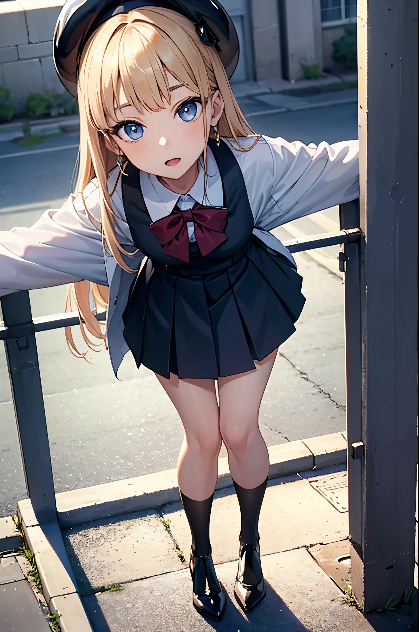 ((Biologically correct limb count))、(( From head to toe、Full-body photo including face))、4K、((Standing position))、masterpiece、((Focus on the face))、((Symmetrical facial features))、Eyes with detailed description、Beautiful woman、Excellent style、Beautiful arms、Beautiful feet、Beautiful Hands、(Small Ass、Thin thighs)、Detailed depiction of the face、Small earrings、necklace、(Latex Uniform、Latex skirt、High heels、stockings)、Face close-up、Surprise expression、The background is a morning park.、beret、