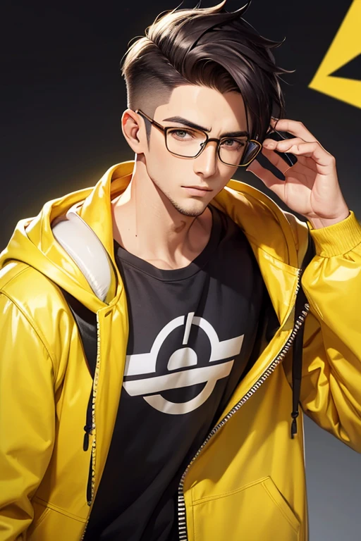 Handsome man wearing a glasses and headphone, hairstyle of undercut, hoodie yellow straight vinyl