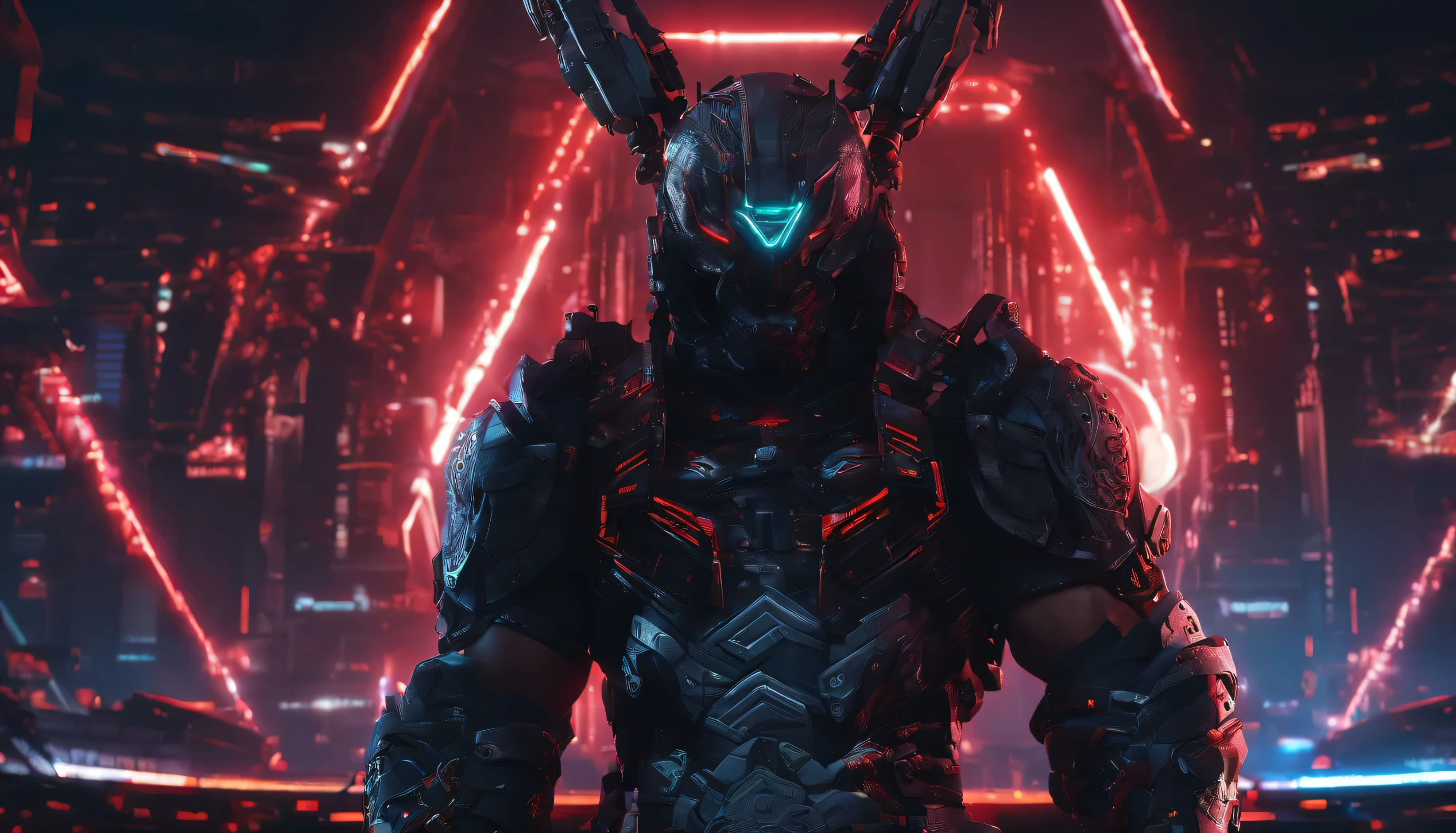 A striking and dynamic concept art illustration of a rough and rugged African American male warrior in his late 20s. He wears a sleek, black and red battle armor adorned with neon lighting, accentuating his muscular physique. The warrior's expression is intense and focused, as he is seen from multiple angles in this modern dark fantasy-style artwork. The background is a mixture of a futuristic cityscape and elements inspired by ukiyo-e, creating a cinematic and conceptual experience., ukiyo-e, conceptual art, dark fantasy, illustration, anime, cinematic