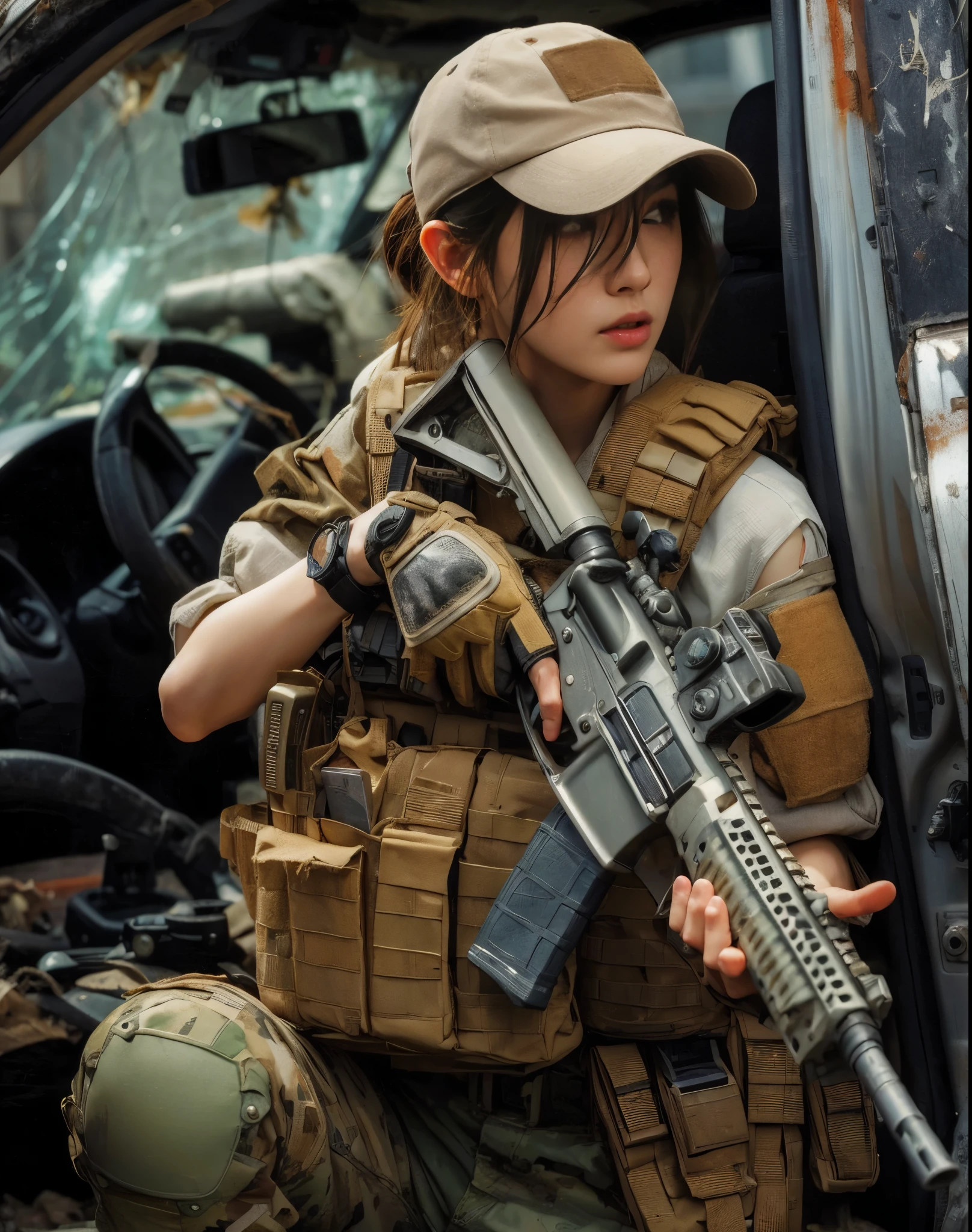 8k,Realistic Skin Texture、Superrealism、Realistic Photo、Japanese Women in the U.S. Army、Bulletproof vest、Automatic rifle、backpack、cap、Heavy equipment、Hide behind a car、Waiting for a chance to counterattack、anger、Scattered rubble、Dynamic action pose、Glasses