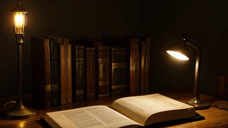 book on a table with a lamp nearby in a well-lit setting