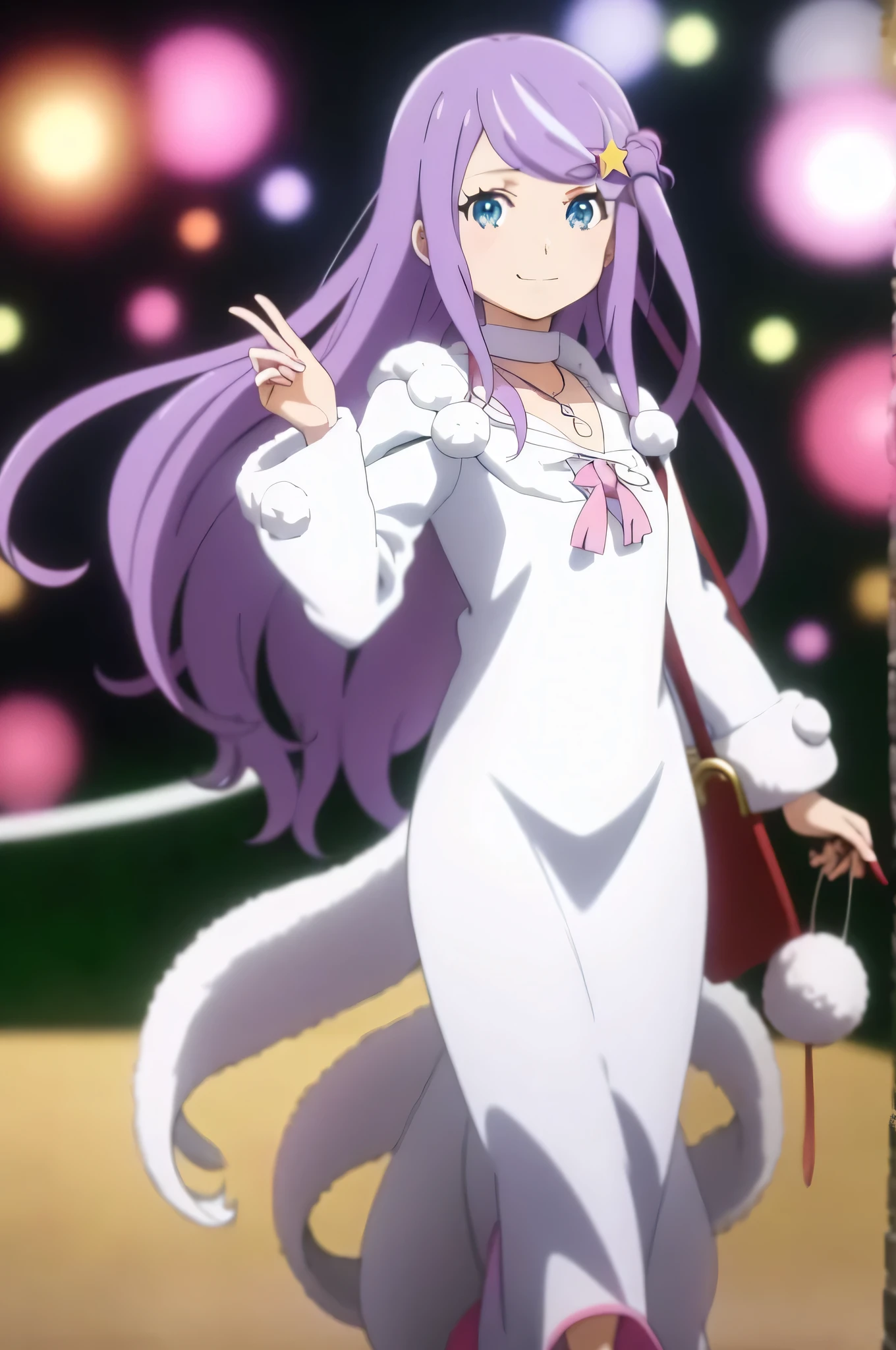 masterpiece,highest quality,anime,(2D:1.2),
One girl, Long Hair, alone, Pink ribbon, Purple Hair, Have, jewelry, smile, Star hair ornament, White Dress, View Viewer, White Cape, necklace, Long sleeve, Fur trim, Long dress, choker, Are standing, stage, blue eyes,Mouth closed, bangs, very Long Hair, Handbags, Floating Hair, Outdoor,