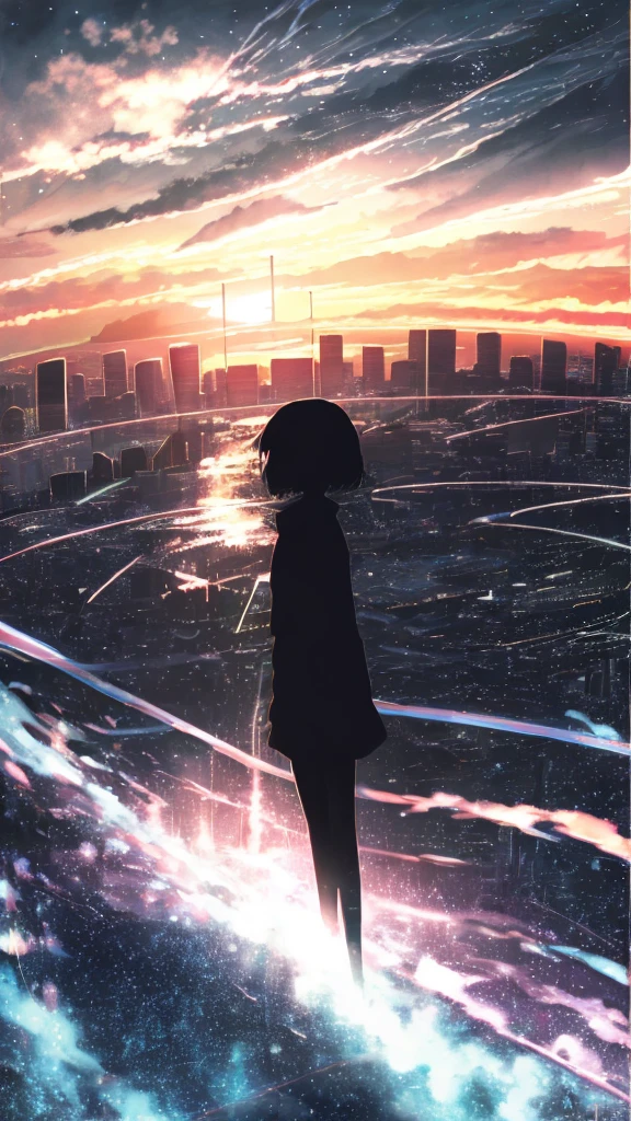 anime,silhouette,1girl, star (sky), cloud, cityscape, building, city, outdoors, skyscraper, city lights, night, night sky, sunset, skyline