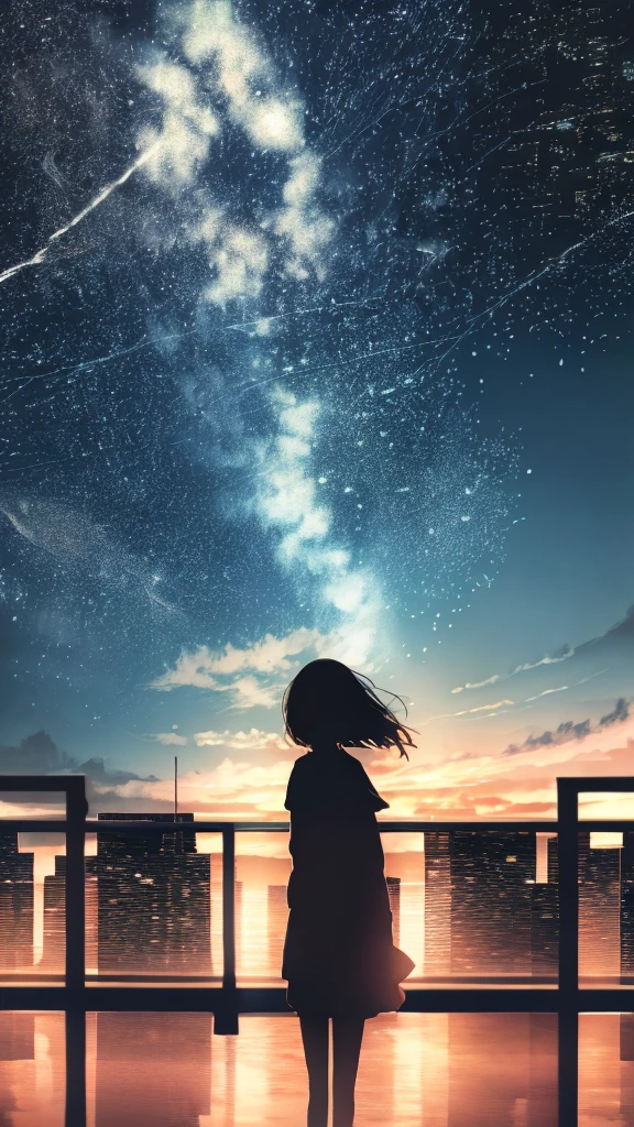 anime,silhouette,1girl, star (sky), cloud, cityscape, building, city, outdoors, skyscraper, city lights, night, night sky, sunset, skyline