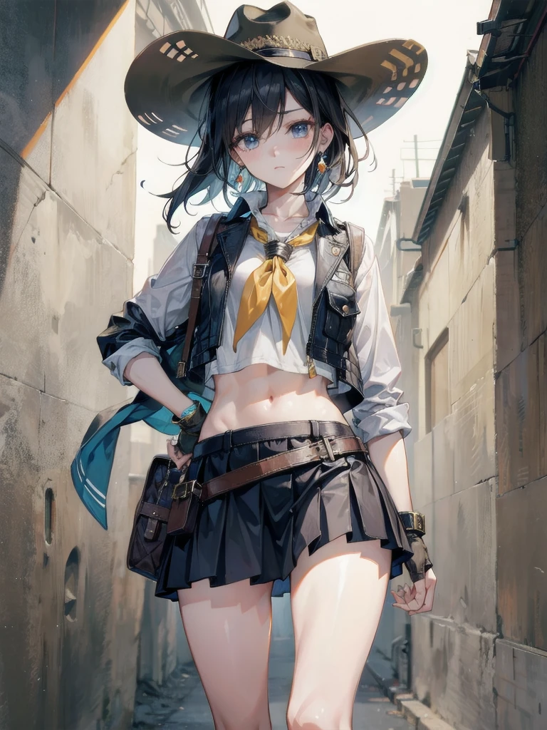 cowgirl costume, vest, cowboy hat, fingerless gloves, midriff, neckerchief, short skirt, holster, absurdres, RAW photo, extremely delicate and beautiful, masterpiece, Best Quality, ultra high resolution, 32k, hyperrealistic, ultra-detailed, perfect figure, tearful mole, earring, whole body shot, short medium hair, wavy hair,