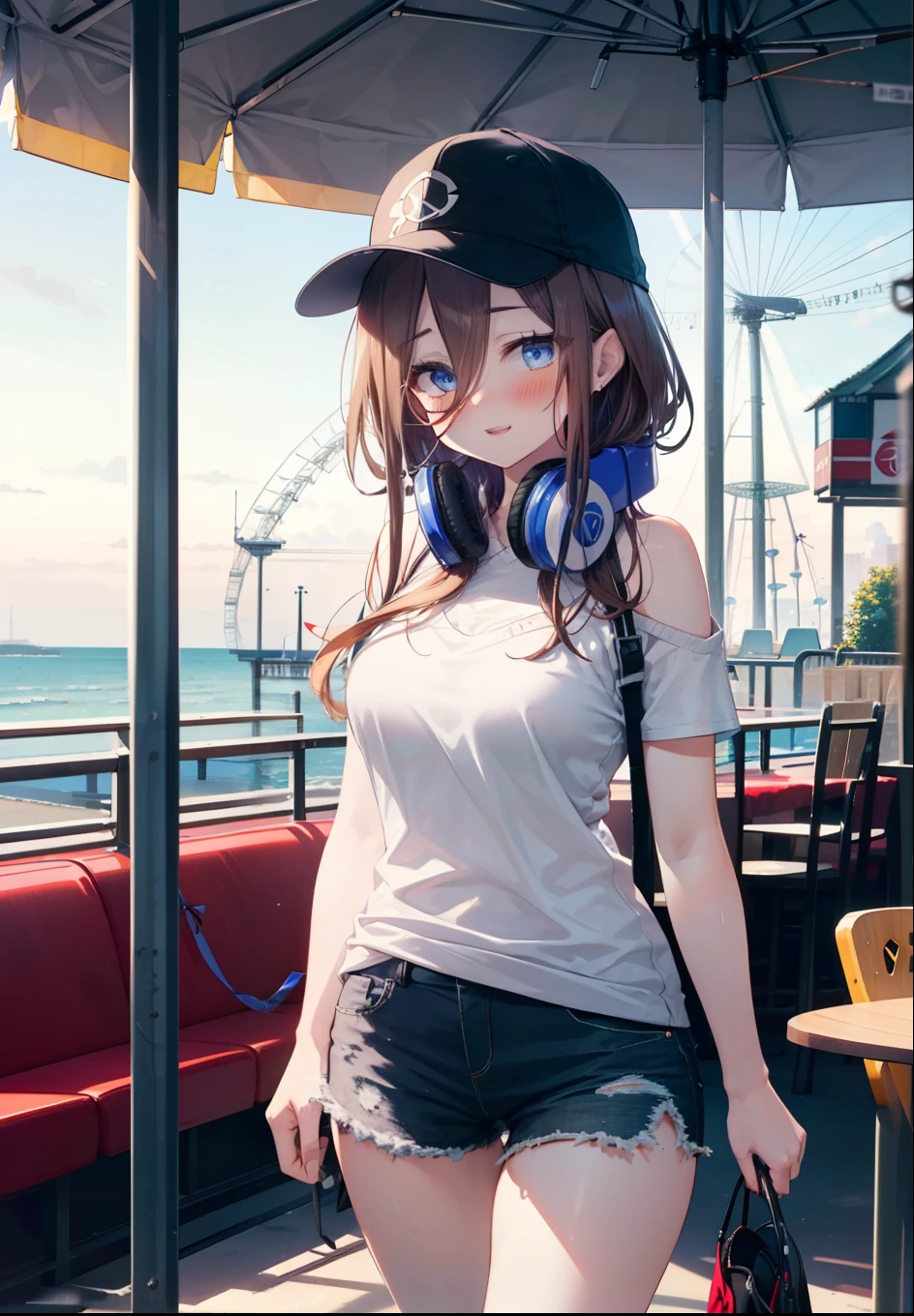 Mikunakano, Miku Nakano, Long Hair, bangs, blue eyes, Brown Hair, shirt, Hair between the eyes, cardigan, Headphones around neck,happy smile, smile, Open your mouth,Cold shoulder tops,Short sleeve,Shorts,High-top sneakers,Hunting Cap,Walking,whole bodyがイラストに入るように,Ferris wheel, roller coaster, carousel, balloon, playground, Seaside, green, amusement park
break indoors, amusement park,
break looking at viewer, whole body,(Cowboy Shot:1. 5)
break (masterpiece:1.2), highest quality, High resolution, unity 8k wallpaper, (figure:0.8), (Beautiful fine details:1.6), Highly detailed face, Perfect lighting, Highly detailed CG, (Perfect hands, Perfect Anatomy),