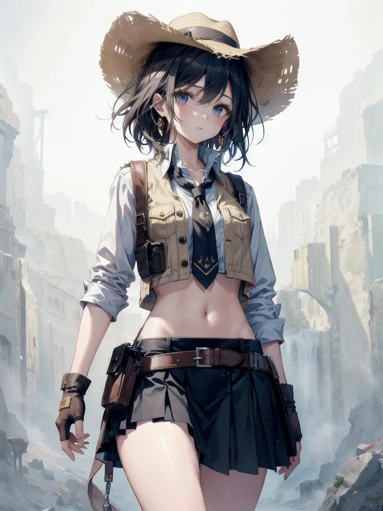 cowgirl costume, vest, cowboy hat, fingerless gloves, midriff, neckerchief, short skirt, holster, absurdres, RAW photo, extremely delicate and beautiful, masterpiece, Best Quality, ultra high resolution, 32k, hyperrealistic, ultra-detailed, perfect figure, tearful mole, earring, whole body shot, short medium hair, wavy hair,